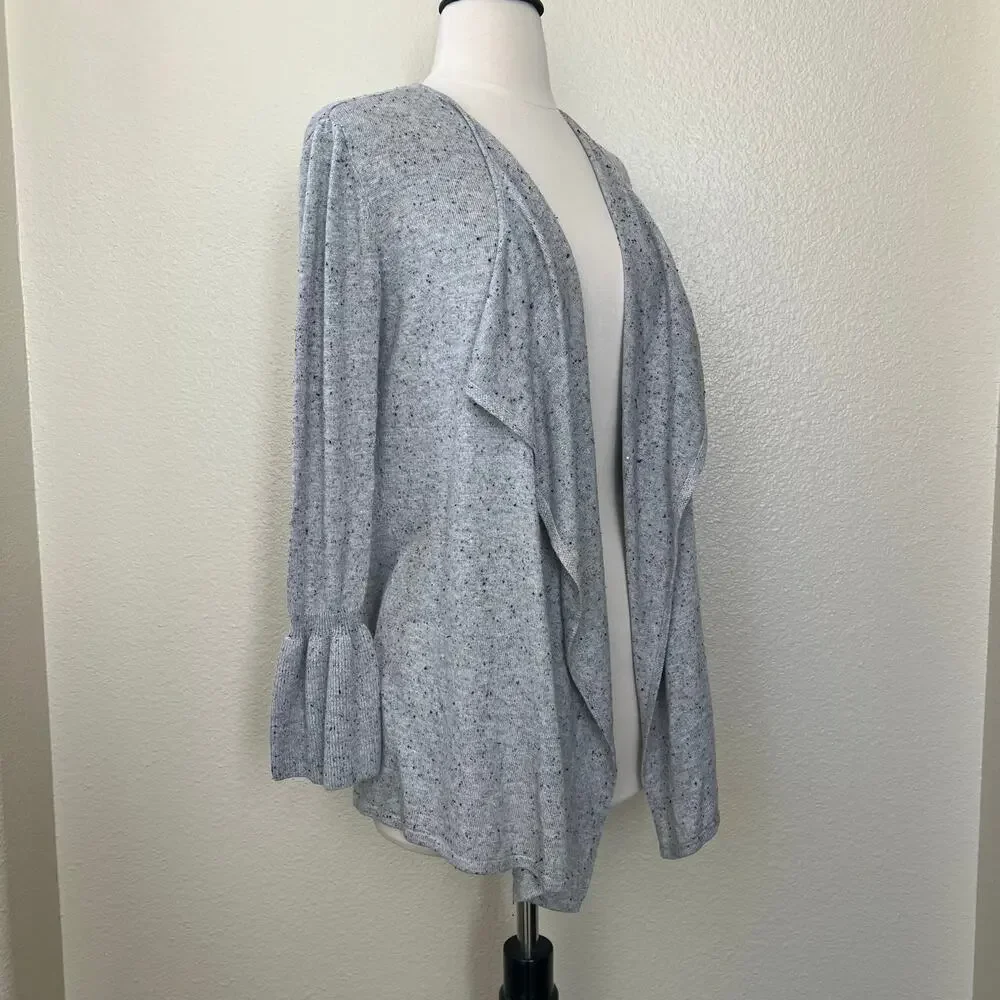 Style & Co speckled gray open sweater cardigan bell sleeve cuffs